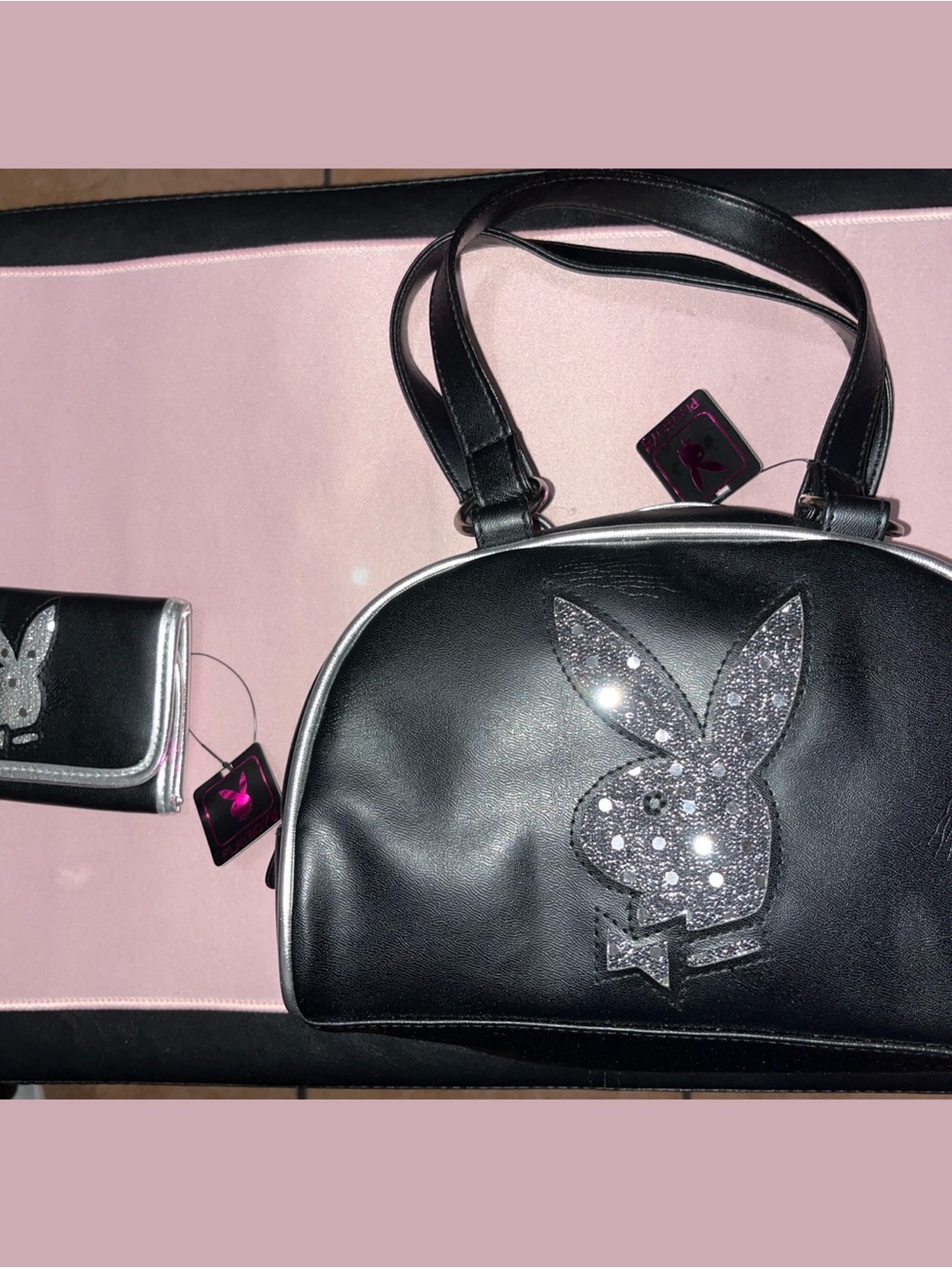 PLAYBOY Black Shoulder Bag with Silver Glitter Bunny Wallet BRAND NEW
